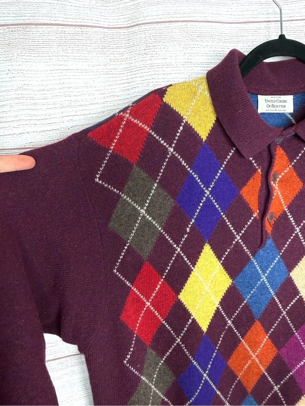 Vintage 1980s Benetton Men’s 52 /L Lambswool Argyle Polo Sweater Made in Italy